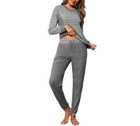 Crewhpo Pijamas Mujer Invierno Algodón Rayas Pijama Manga Larga Ropa de Dormir con Camiseta Cuello en V y Pantalones Largo 2 Piezas