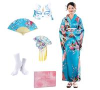 CRFASIBE 5 Piezas Kimono Mujer Bata, Tradicional Japonés Yukata Geisha Albornoz, Kimono Largo con Estampado de Pavo Real para Fotografía Cosplay (Azul)