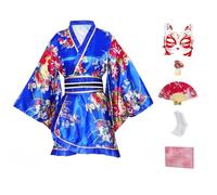 CRFASIBE 5 Piezas Kimono Mujer Corto con Estampado Floral, Inspirado en el Yukata Japonés con Accesorios, Conjunto Completo para Cosplay, Fiesta, Carnaval(Estilo A-Azul