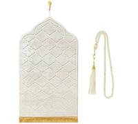 CRFASIBE Alfombra de Oración Musulmana con Cuentas de Oración, Alfombras de Oración de Franela con Borlas, Islámica Janamaz Sajadah, Set de Regalo de Ramadán Mubarak(Beige)