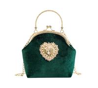 CRFASIBE Bolso de Noche Mujer en Terciopelo, Bolsito Elegante con Cierre de Beso y Cadena Desmontable, Detalle en Forma de Corazón, Ideal para Boda, Fiesta o Ceremonia(Verde)