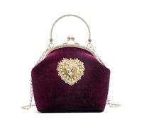 CRFASIBE Bolso de Noche Mujer en Terciopelo, Bolsito Elegante con Cierre de Beso y Cadena Desmontable, Detalle en Forma de Corazón, Ideal para Boda, Fiesta o Ceremonia(Rojo)