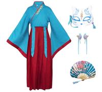 CRFASIBE Disfraz Chino Hanfu para Niños, Ropa Traje Mulan para Chicas, Tradicional Vestimenta Cultural Chino, Disfraz Hanfu de Cosplay con Accesorios para el Pelo(Azul Pavón, 150cm)