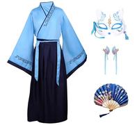 CRFASIBE Disfraz Chino Hanfu para Niños, Ropa Traje Mulan para Chicas, Tradicional Vestimenta Cultural Chino, Disfraz Hanfu de Cosplay con Accesorios para el Pelo(Azul,140cm)