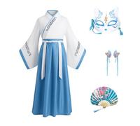 CRFASIBE Disfraz Chino Hanfu para Niños, Ropa Traje Mulan para Chicas, Tradicional Vestimenta Cultural Chino, Disfraz Hanfu de Cosplay con Accesorios para el Pelo(Azul Claro, 140cm)