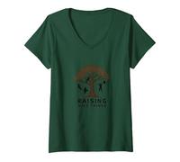 Criando Cosas Salvajes: Silueta de árbol de niños juguetones Camiseta Cuello V, Mujer, Verde Bosque, L
