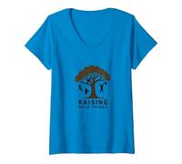Criando Cosas Salvajes: Silueta de árbol de niños juguetones Camiseta Cuello V, Mujer, Zafiro, L