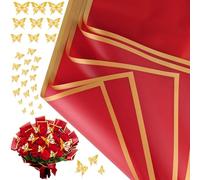 cridoz 20 hojas de papel de regalo para ramo de flores con 12 piezas de decoraciones de mariposas doradas para ramos de flores (rojo)