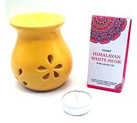 CRIGEMA - Juego con aceite esencial Goloka almizcle blanco Himalayano, quemador esencias de cerámica y vela Tealight