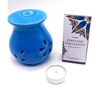 CRIGEMA - Juego de aceite esencial Goloka Musgo Blanco Himalaya, quemador de esencias de cerámica y vela Tealight (Palo Santo Peruviano)