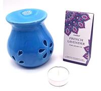 CRIGEMA - Juego de aceite esencial Goloka Musgo Blanco Himalaya, quemador de esencias de cerámica y vela Tealight (Lavanda Frances)