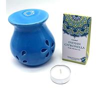 CRIGEMA - Juego de aceite esencial Goloka Musgo Blanco Himalaya, quemador de esencias de cerámica y vela Tealight (Citronella Indiana)