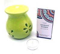 CRIGEMA - Juego de aceite esencial Goloka Salvia Blanca California, quemador de esencias de cerámica y vela Tealight (Mirra Araba)