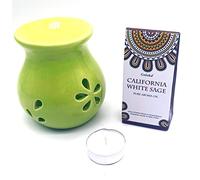 CRIGEMA - Juego de aceite esencial Goloka Salvia Blanca Californiana, quemador de esencias de cerámica y vela Tealight (Salvia Blanca Californiana)