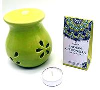 CRIGEMA - Juego de aceite esencial Goloka Salvia Blanca Californiana, quemador de esencias de cerámica y vela Tealight (Citronella India)