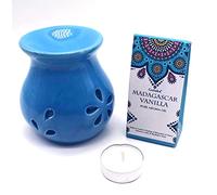 CRIGEMA - Set con aceite esencial Goloka Musgo Blanco Himalaya, quemador de esencias de cerámica y vela Tealight (vainilla de Madagascar)