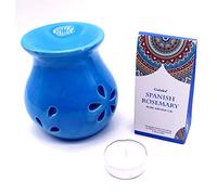 CRIGEMA - Set con aceite esencial Goloka Musgo Blanco Himalaya, quemador de esencias de cerámica y vela Tealight (romero español)