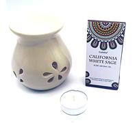 CRIGEMA - Set con aceite esencial Goloka Palo Santo Peruano, quemador de esencias de cerámica y vela Tealight (Salvia Blanca Californiana)