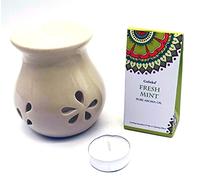 CRIGEMA - Set con aceite esencial Goloka Palo Santo Peruano, Quemador Esencial de cerámica y vela Tealight (Menta)