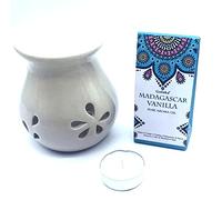 CRIGEMA - Set con aceite esencial Goloka Palo Santo Peruviano, quemador de esencias de cerámica y vela Tealight (vainilla de Madagascar)