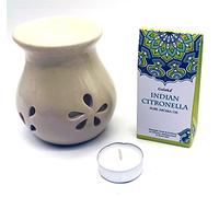CRIGEMA - Set con aceite esencial Goloka Palo Santo Peruviano, quemador de esencias de cerámica y vela Tealight (Citronella Indiana)