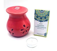 CRIGEMA - Set con aceite esencial Goloka vainilla del Magascar, quemador de esencias de cerámica y vela Tealight (Citronella Indiana)