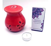 CRIGEMA - Set con aceite esencial Goloka vainilla del Magascar, quemador de esencias de cerámica y vela Tealight (Lavanda Frances)