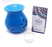 CRIGEMA - Set de aceite esencial Goloka Musgo Blanco Himalaya, quemador de esencias de cerámica y vela Tealight (Mirra Araba)