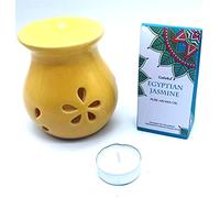 CRIGEMA - Set Goloka aceite esencial de 10 ml con quemador de esencias de cerámica y vela Tealight (jazmín egipcio)