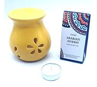 CRIGEMA - Set Goloka aceite esencial Mirra Araba 10 ml con quemador amarillo de cerámica y vela Tealight