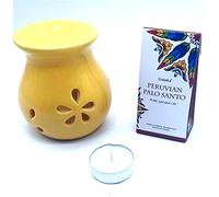CRIGEMA - Set Goloka aceite esencial Palo Santo Peruano 10 ml con quemador amarillo de cerámica y vela Tealight