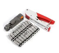 Crimpadora de cable coaxial con conector F RG58, kit de herramientas de compresión coaxial, incluye crimpadora coaxial, 20 conectores de compresión y pelacables, juego de herramientas de
