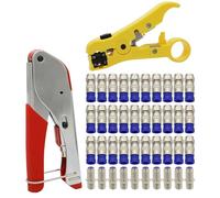 Crimpadora de cable coaxial y conectores F RG6, 30 piezas F macho y 10 piezas hembra a hembra con kit de herramientas de compresión coaxial, pelacables