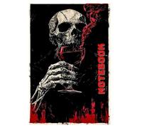 Crimson Reverie-Notebook. This notebook features a dramatic monochrome illustration of a skeleton raising a glass of red wine, crafted in a bold woodcut-inspired style