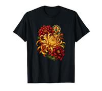 Crisantemo Dorado Enmarcado por dalias Rojas Profundas Camiseta