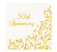 Crisky Servilletas de cóctel de 50 aniversario de lámina dorada para decoración de bodas doradas, servilletas desechables de 3 capas, 50 unidades