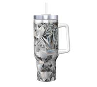 Cristal con textura de diamante estilo cristal,Vaso Ice Bully de 40 oz con asa, tapa, pajita, de acero inoxidable, taza de café para coche.