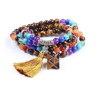 Cristal de Amatista de Piedra Natural para Mujeres - 108 Perlas Brazalete Verde de aventurina, 7 Collar de Chakra con Joya de energía Colgante de Borla