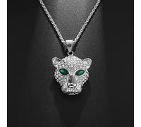 Cristal De Hielo Zirconia Ojos Verdes Leopardo Cabeza Colgante Bestia Animal Collar Hombres Hip Hop Rock Joyería Regalo,Plata