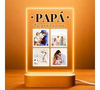 Cristal Plaque - Lámpara Personalizada PAPÁ con 4 Imágenes y Texto | Lámpara LED para Fotos con Base de Madera | Regalo Día del Padre, Cumpleaños o Aniversario | Placa Metacrilato Personalizada