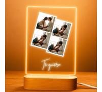 Cristal Plaque Lámparas Personalizadas 4 Fotos y Mensaje Regalo para Pareja con Luz LED en Base Madera - Placa Metacrilato Transparente Personalizada Ideal para Aniversario y Ocasiones Especiales
