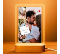 Cristal Plaque - Lámparas Personalizadas con 4 Fotos y Texto Especial | Lámpara para Fotos con Luz LED USB y Base de Madera | Regalo Aniversario Pareja Original | Placa Metacrilato Transparente