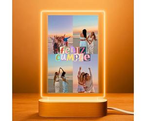 Cristal Plaque Lámparas Personalizadas Feliz Cumpleaños 4 Fotos - Lampara para Fotos con Luz LED y Base de Madera - Regalo Único y Emocional para Toda Ocasión