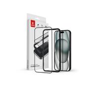 Cristal protector 3D antibacteriano Crong - Vidrio templado con pegamento completo 9H para iPhone 16 Plus/iPhone 15 Plus + marco de instalación