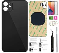 Cristal trasero de repuesto para iPhone 12 (6.1 pulgadas) con cinta preinstalada + instrucciones de instalación + herramientas de reparación + protector de pantalla (negro)