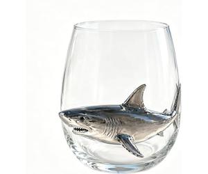 Cristalería artesanal de pulpo con anillos azules, copas de vino sin tallo 3D, vaso de 350 ml hecho a mano con animales marinos para decoración costera del hogar, amantes del océano (tiburón)