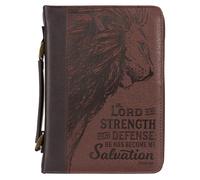 Cristian Art Gifts Classer Bible Cover The Lord Is My Strength Lion Exodus 15: 2 Medio de cuero sinttico marrn