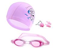 CRIVERS Cartoon-Style Swimming Goggle Set, Swimming Goggles Swimming Cap with Free Nose Clips and Ear Plugs for Kids, Children, Students, Boys & Girls (Pink Set)
