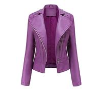 CRMY Chaqueta de Cuero de Mujer Slim fit, básicos Negros, Chaqueta Biker, Ropa Casual para Mujer (Color : Purple, Size : XXL)