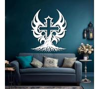 Croce Bianca in Metallo e Albero Della Vita, decorazione murale Religiosa Cristiana in Metallo per esterni, decorazione artistica con Croce e Albero, scultura Moderna per soggiorno, Camera